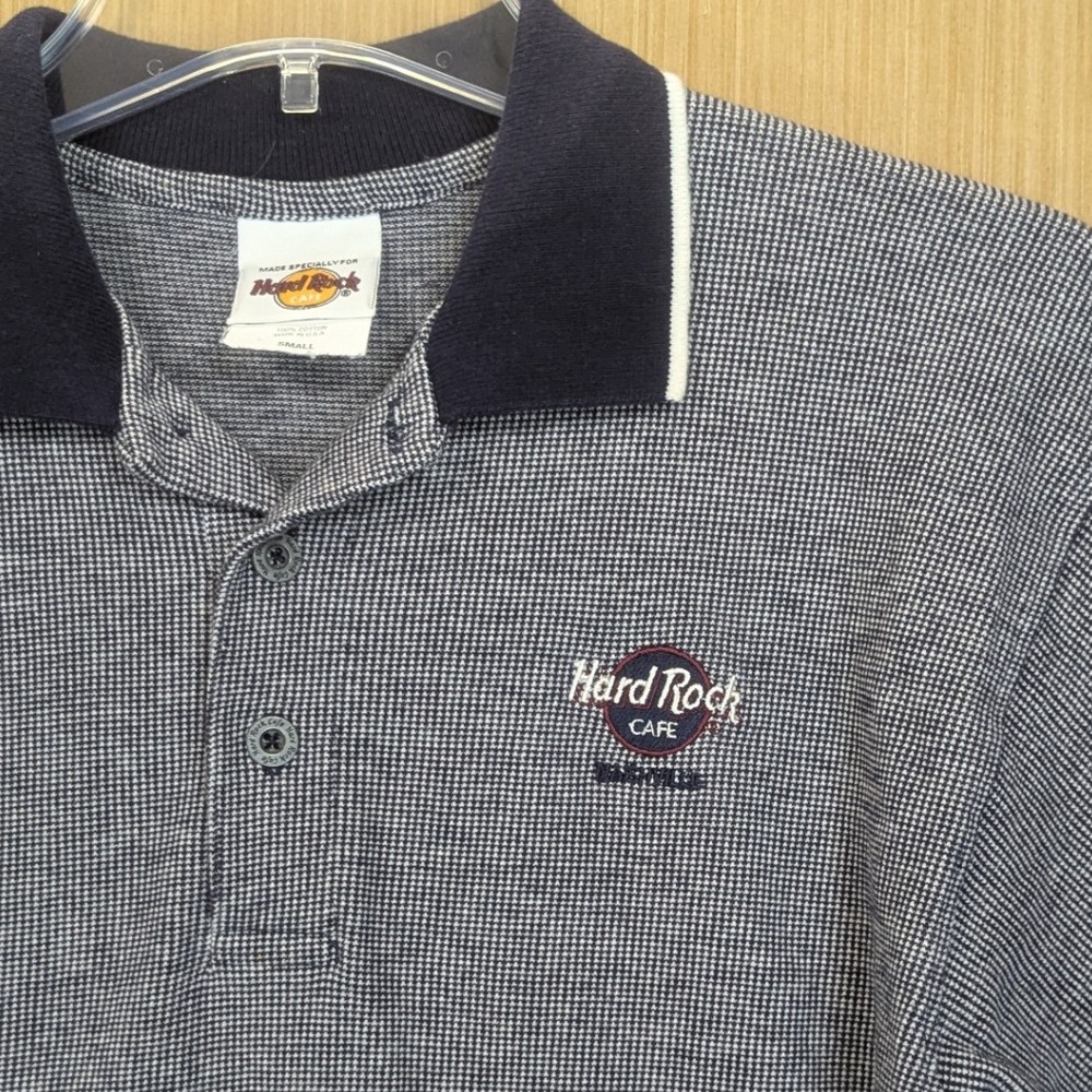 Hard Rock Cafe Nashville Men's Small Polo Shirt Blue White Houndstooth USA